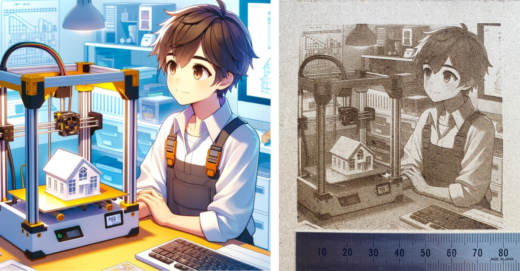 ディザ処理した画像とレーザー彫刻した画像の比較