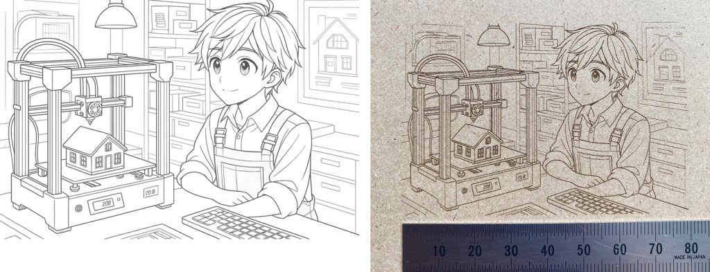 ChatGPTでラインアート化させた画像とレーザー彫刻した画像の比較